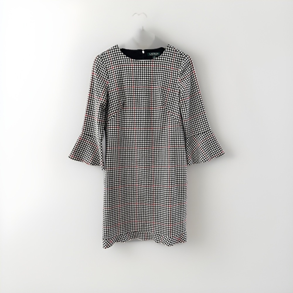 Lauren Ralph Lauren Houndstooth Plaid Bell Sleeve Sheath Dress 10P Ivory Black